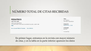 NÚMERO TOTAL DE CITAS RECIBIDAS
En primer lugar, entramos en la revista con mayor número
de citas, y en la tabla en la parte inferior aparecen los datos
 