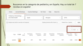 Buscamos en la categoría de pediatría y en España. Hay un total de 7
revistas en español
 