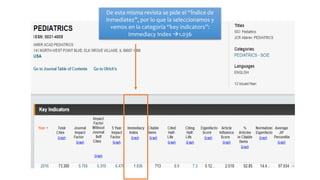 De esta misma revista se pide el “Índice de
Inmediatez”, por lo que la seleccionamos y
vemos en la categoría “key indicators”:
Immediacy Index 1.036
 