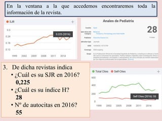 3. De dicha revistas indica
• ¿Cuál es su SJR en 2016?
0,225
• ¿Cuál es su índice H?
28
• Nº de autocitas en 2016?
55
En la ventana a la que accedemos encontraremos toda la
información de la revista.
 