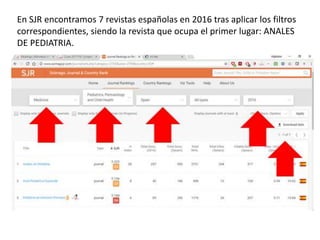En SJR encontramos 7 revistas españolas en 2016 tras aplicar los filtros
correspondientes, siendo la revista que ocupa el primer lugar: ANALES
DE PEDIATRIA.
 