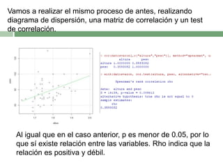 Vamos a realizar el mismo proceso de antes, realizando
diagrama de dispersión, una matriz de correlación y un test
de correlación.
Al igual que en el caso anterior, p es menor de 0.05, por lo
que sí existe relación entre las variables. Rho indica que la
relación es positiva y débil.
 