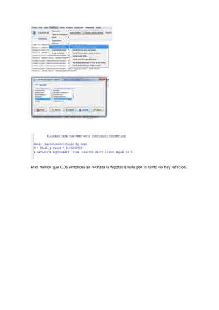 P es menor que 0.05 entonces se rechaza la hipótesis nula por lo tanto no hay relación.
 