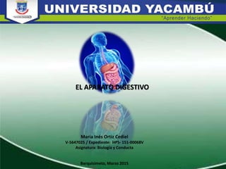 María Inés Ortiz Cediel
V-5647025 / Expediente: HPS- 151-00068V
Asignatura: Biología y Conducta
Barquisimeto, Marzo 2015
EL APARATO DIGESTIVO
 