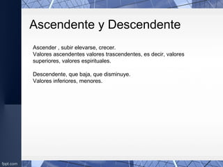 Ascendente y Descendente
Ascender , subir elevarse, crecer.
Valores ascendentes valores trascendentes, es decir, valores
superiores, valores espirituales.
Descendente, que baja, que disminuye.
Valores inferiores, menores.
 