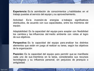 Experiencia: Es la  asimilación  de  conocimientos  y habilidades  en  el 
trabajo puestas al servicio del equipo y su aprovechamiento.
Actividad:  Es la  inversión de  energías  e trabajos  significativos 
distribuidos, de acuerdo con sus capacidades, entre los miembros del 
equipo.
Adaptabilidad: Es la capacidad del equipo para aceptar con flexibilidad 
los  cambios y  las influencias  del medio  ambiente  con  vistas  al  logro 
de sus objetivos.
Perspectiva: Es  la  capacidad  del  equipo  para analizar  los  distintos 
elementos que están en juego al realizar su tarea, según los objetivos 
de la organización
Posición: Es  la  capacidad  del  equipo  para  permitir  que se  manifieste 
cada  uno  de  sus miembros  en  la  tarea,  considerados  sus  recursos 
tecnológicos  y  su  influencia  personal,  sin  perjuicios  de  jerarquía  o 
antigüedad.
 
