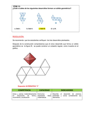 ITEM 13:
¿Cuál o cuáles de los siguientes desarrollos forman un sólido geométrico?
a. Solo I. b. Solo II. c. Solo III. d. I y III.
RESOLUCIÓN:
Se recomienda que los estudiantes verifiquen los tres desarrollos planteados.
Después de la construcción comprobamos que el único desarrollo que forma un sólido
geométrico es la figura III, se puede construir un octaedro regular, como muestra en el
gráfico.
Respuesta: ALTERNATIVA “C”
COMPETENCIA CAPACIDAD INDICADORES
Actúa y piensa matemáticamente
en situaciones de forma,
movimiento y localización
Comunica y
representa ideas
matemáticas
Describe el desarrollo de prismas,
pirámides y conos considerando sus
elementos.
 