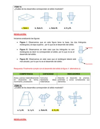 ITEM 14:
¿Cuáles de los desarrollos corresponden al sólido mostrado?
a. Solo I. b. Solo II. c. Solo III. d. II y III.
RESOLUCIÓN:
Iniciamos analizando las figuras:
 Figura I: Observamos que en esta figura tiene la base, los dos triángulos
rectángulos y la tapa superior, por lo que es el desarrollo del sólido.
 Figura II: Observamos en este caso que los triángulos no son
rectángulos es decir no corresponden al sólido, por lo que no es el
desarrollo del sólido.
 Figura III: Observamos en este caso que el rectángulo lateral está
mal ubicado, por lo que no es el desarrollo del sólido.
Respuesta: Finalmente cumple con el desarrollo del sólido la figura I alternativa a).
RESOLUCIÓN:
COMPETENCIA CAPACIDAD INDICADORES
Actúa y piensa matemáticamente
en situaciones de forma,
movimiento y localización
Comunica y
representa ideas
matemáticas
Describe el desarrollo de prismas,
pirámides y conos considerando sus
elementos.
ITEM 15:
¿Cuáles de los desarrollos corresponden al sólido mostrado?
a. I y III. b. I y II. c. Solo III. d. II y III.
incorrecto
incorrecto
 
