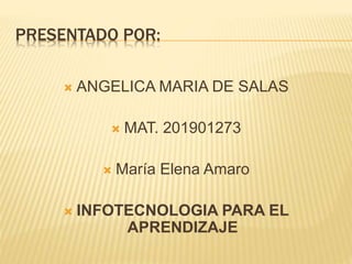 PRESENTADO POR:
 ANGELICA MARIA DE SALAS
 MAT. 201901273
 María Elena Amaro
 INFOTECNOLOGIA PARA EL
APRENDIZAJE
 