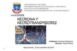 UNIVERSIDAD YACAMBÚ 
VICERRECTORADO DE ESTUDIOS A DISTANCIA 
FACULTAD DE HUMANIDAD 
CÁTEDRA DE FUNDAMETOS DE LA NEUROCIENCIA 
NEURONA Y 
NEUROTRANSMISORES 
Profesora: Xiomara Rodríguez 
Alumna: Yoansi Panza 
Barquisimeto, 12 de noviembre de 2014 
 