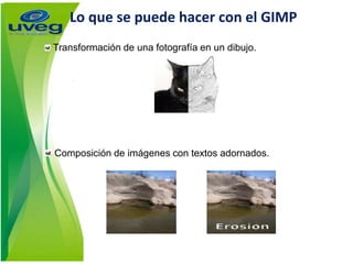 Lo que se puede hacer con el GIMP
Transformación de una fotografía en un dibujo.
Composición de imágenes con textos adornados.
 