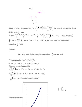 f(x0)

                                                           f (x1)

                                         x0         x1

                                              b a
                                               n

                                                         f xi 1 f ( xi )      b a
donde el área del i-ésimo trapecio =                                                    por tanto la suma de las áreas
                                                               2               n
de los n trapecios es:
            b a f ( x0 ) f ( x1 )             f ( xn 1 ) f ( xn )        b a
Área =                            ...                                           f ( x0 )   f ( x1 ) ... f ( xn 1 )   f ( xn )
             n          2                               2                 2n
 b              b a
     f ( x)dx       f ( x0 ) 2 f ( x1 ) ... 2 f ( xn 1 )            f ( xn ) que es la regla del trapecio para
 a               2n
                  b
aproximar         a
                      f ( x)dx


Ejemplo:
                                                                                   3
                      1) Use la regla de los trapecio para estimar                     x 2 dx con n=5
                                                                                  0



                                  b a 3 0 3
Primero calcular x
                                   n        5   5
x0     0, x1    0.6, x 2    1.2, x3 1.8, x 4 2.4, x5        3
Segundo aplicar la ecuación
   b a
=         f ( x0 ) 2 f ( x1 ) 2 f ( x2 ) ... 2 f ( xn 1 ) f ( xn )
     2n
  3 0
=       0 2(0.36) 2(1.44) 2(3.24) 2(5.76) 2(9)
  2(5)
   3
= 0.72 2.88 6.48 11.52 18 9.18 U 2
  10

                                 10

                                 9
                                                                                              y = x2
                                                                                              A = 9.18 u2
                                 8

                                 7

                                 6
                                                                                                                                19
                                 5
Universidad Nacional de Ingeniería UNI-Norte
                                 4

                                 3

                                 2
 