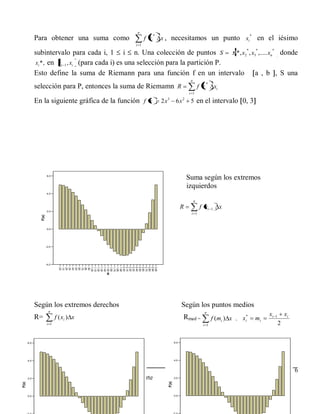 n
                                                               *                                                                  *
             Para obtener una suma como                 f xi       x , necesitamos un punto xi                                        en el iésimo
                                                  i 1

             subintervalo para cada i, 1 i n. Una colección de puntos S xi *, x2* , x3* ,..... xn* donde
             xi *, en xi 1 , xi (para cada i) es una selección para la partición P.
             Esto define la suma de Riemann para una función f en un intervalo a , b , S una
                                                                                        n
                                                                                                       *
             selección para P, entonces la suma de Riemamn R                                    f xi           xi
                                                                                       i 1

             En la siguiente gráfica de la función f x             2 x3       6x2       5 en el intervalo 0, 3




                      6,0
                                                                                       Suma según los extremos
                                                                                       izquierdos
                      4,0


                                                                                            n
                                                                                   R             f xi      1        x
                      2,0
                                                                                        i 1
               F(x)




                      0,0




                      -2,0




                      -4,0
                               2,00
                               2,10
                               2,20
                               2,30
                               2,40
                               2,50
                               2,60
                               2,70
                               2,80
                               2,90
                               3,00
                               ,00
                               ,10
                               ,20
                               ,30
                               ,40
                               ,50
                               ,60
                               ,70
                               ,80
                               ,90
                               1,00
                               1,10
                               1,20
                               1,30
                               1,40
                               1,50
                               1,60
                               1,70
                               1,80
                               1,90




                                          X




             Según los extremos derechos                                           Según los puntos medios
                        n                                                                          n
                                                                                                                                           xi           xi
             R=              f ( xi ) x                                            Rmed =                  f (mi ) x    ,   xi*       mi        1

                      i 1                                                                         i 1                                               2


       6,0                                                                   6,0




       4,0                                                                   4,0



                                                                                                                                                             6
       2,0   Universidad Nacional de Ingeniería UNI-Norte                    2,0
                                                                      F(x)
F(x)




       0,0                                                                   0,0
 