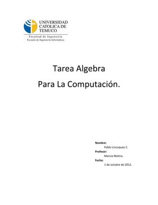 Tarea Algebra
Para La Computación.




             Nombre:
                    Pablo Lincoqueo C.
             Profesor:
                    Marcia Molina.
             Fecha:
                    1 de octubre de 2012.
 