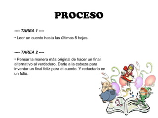 PROCESO
---- TAREA 1 ----
• Leer un cuento hasta las últimas 5 hojas.


---- TAREA 2 ----
• Pensar la manera más original de hacer un final
alternativo al verdadero. Darle a la cabeza para
inventar un final feliz para el cuento. Y redactarlo en
un folio.
 