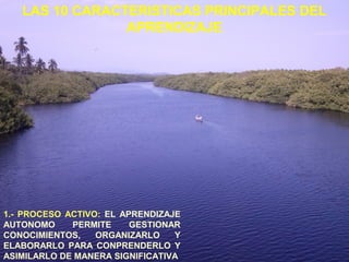LAS 10 CARACTERISTICAS PRINCIPALES DEL
APRENDIZAJE
1.- PROCESO ACTIVO: EL APRENDIZAJE
AUTONOMO PERMITE GESTIONAR
CONOCIMIENTOS, ORGANIZARLO Y
ELABORARLO PARA CONPRENDERLO Y
ASIMILARLO DE MANERA SIGNIFICATIVA
 