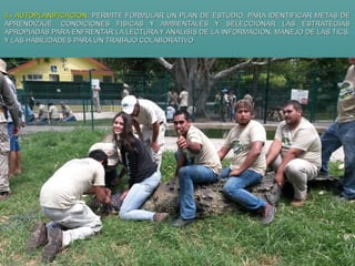 4.- AUTOPLANIFICACION4.- AUTOPLANIFICACION: PERMITE FORMULAR UN PLAN DE ESTUDIO, PARA IDENTIFICAR METAS DE: PERMITE FORMULAR UN PLAN DE ESTUDIO, PARA IDENTIFICAR METAS DE
APRENDIZAJE, CONDICIONES FISICAS Y AMBIENTALES Y SELECCIONAR LAS ESTRATEGIASAPRENDIZAJE, CONDICIONES FISICAS Y AMBIENTALES Y SELECCIONAR LAS ESTRATEGIAS
APROPIADAS PARA ENFRENTAR LA LECTURA Y ANALISIS DE LA INFORMACION, MANEJO DE LAS TICS,APROPIADAS PARA ENFRENTAR LA LECTURA Y ANALISIS DE LA INFORMACION, MANEJO DE LAS TICS,
Y LAS HABILIDADES PARA UN TRABAJO COLABORATIVOY LAS HABILIDADES PARA UN TRABAJO COLABORATIVO
 