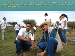 7.- INDEPENDENCIA:7.- INDEPENDENCIA: EL ESTUDIANTE EMPLEA PROCEDIMIENTOS, TECNICAS YEL ESTUDIANTE EMPLEA PROCEDIMIENTOS, TECNICAS Y
HABILIDADES PARA LA ADQUISICION, ALMACENAMIENTO Y UTILIZACION PERSONAL DEHABILIDADES PARA LA ADQUISICION, ALMACENAMIENTO Y UTILIZACION PERSONAL DE
LOS CONOCIMIENTOS.LOS CONOCIMIENTOS.
 