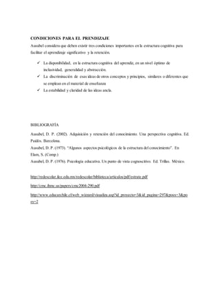 CONDICIONES PARA EL PRENDIZAJE
Ausubel considera que deben existir tres condiciones importantes en la estructura cognitiva para
facilitar el aprendizaje significativo y la retención.
 La disponibilidad, en la estructura cognitiva del aprendiz, en un nivel óptimo de
inclusividad, generalidad y abstracción.
 La discriminación de esas ideas de otros conceptos y principios, similares o diferentes que
se emplean en el material de enseñanza
 La estabilidad y claridad de las ideas ancla.
BIBLIOGRAFÍA
Ausubel, D. P. (2002). Adquisición y retención del conocimiento. Una perspectiva cognitiva. Ed.
Paidós. Barcelona.
Ausubel, D. P. (1973). “Algunos aspectos psicológicos de la estructura del conocimiento”. En
Elam, S. (Comp.)
Ausubel, D. P. (1976). Psicología educativa. Un punto de vista cognoscitivo. Ed. Trillas. México.
http://redescolar.ilce.edu.mx/redescolar/biblioteca/articulos/pdf/estrate.pdf
http://cmc.ihmc.us/papers/cmc2004-290.pdf
http://www.educarchile.cl/web_wizzard/visualiza.asp?id_proyecto=3&id_pagina=297&posx=3&po
sy=2
 