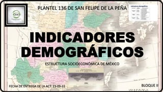 INDICADORES
DEMOGRÁFICOS
PLANTEL 136 DE SAN FELIPE DE LA PEÑA
ESTRUCTURA SOCIOECONÓMICA DE MÉXICO
BLOQUE II
FECHA DE ENTREGA DE LA ACT: 23-09-22
 