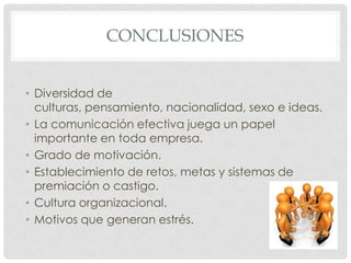 CONCLUSIONES


• Diversidad de
  culturas, pensamiento, nacionalidad, sexo e ideas.
• La comunicación efectiva juega un papel
  importante en toda empresa.
• Grado de motivación.
• Establecimiento de retos, metas y sistemas de
  premiación o castigo.
• Cultura organizacional.
• Motivos que generan estrés.
 