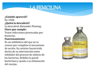 LA PENICILINA 
¿Cuándo apareció? 
En 1928. 
¿Quién la descubrió? 
La descubrió Alexander Fleming. 
Fines que cumple: 
Tratar infecciones provocadas por 
bacterias. 
Funcionamiento: 
Es un antibiótico del que no se 
conoce por completo el mecanismo 
de acción. Su carácter bactericida 
deriva de su intervención como 
inhibidor del proceso de síntesis de 
las bacterias. Debilita la pared 
bacteriana y ayuda a su eliminación 
del cuerpo. 
 