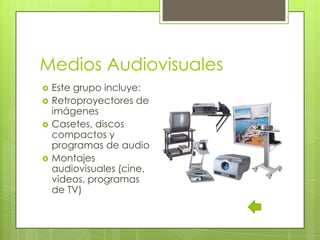 Medios Audiovisuales






Este grupo incluye:
Retroproyectores de
imágenes
Casetes, discos
compactos y
programas de audio
Montajes
audiovisuales (cine,
videos, programas
de TV)

 