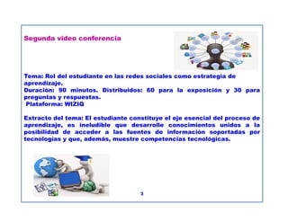 Segunda video conferencia
Tema: Rol del estudiante en las redes sociales como estrategia de
aprendizaje.
Duración: 90 minutos. Distribuidos: 60 para la exposición y 30 para
preguntas y respuestas.
Plataforma: WIZIQ
Extracto del tema: El estudiante constituye el eje esencial del proceso de
aprendizaje, es ineludible que desarrolle conocimientos unidos a la
posibilidad de acceder a las fuentes de información soportadas por
tecnologías y que, además, muestre competencias tecnológicas.
3
 