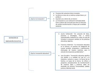 Proviene del sustantivo latino innovatio.
                                                        Su étimo es novus de un extenso campo léxico y el
                                                        prefijo in
                        ¿Qué es la innovación?          Equivale a en, dentro de, al interior.
                                                        La innovación es una realización motivada desde
                                                        fuera o dentro de la escuela que tiene la intención
                                                        de cambio transformación o mejora de la realidad
                                                        existente




                                                                Jaume Carbonnell: “Un conjunto de ideas,
                                                                procesos y estrategias, más o menos
    DEFINICIÓN DE                                               sistematizados mediante los cuales se trata de
                                                                introducir y provocar cambios en las prácticas
INNOVACIÓN EDUCATIVA.                                           educativas vigentes.

                                                                Francisco Imbernón: “La innovación educativa
                                                                es la actitud y el proceso de indagación de
                                                                nuevas pruebas, propuestas y aportaciones,
                                                                efectuadas de manera colectiva, para la
                                                                solución de situaciones problemática”.
                        ¿Qué es innovación educativa?
                                                                Juan Escudero: “Innovación educativa significa
                                                                una batalla a la realidad tal cual es, a lo
                                                                mecánico, rutinario y usual, a la fuerza de los
                                                                hechos y al paso de la inercia. Se refiere a
                                                                proyectos socioeducativos de transformación
                                                                de nuestras ideas y prácticas debe ser
                                                                analizada con eficacia, funcionalidad, calidad,
                                                                justicia y libertad social.
 