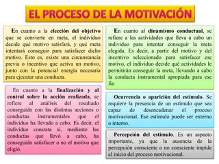 En cuanto a la elección del objetivo
que se convierte en meta, el individuo
decide qué motivo satisfará, y qué meta
intentará conseguir para satisfacer dicho
motivo. Esto es, existe una circunstancia
previa o incentivo que activa un motivo,
junto con la potencial energía necesaria
para ejecutar una conducta.
En cuanto al dinamismo conductual, se
refiere a las actividades que lleva a cabo un
individuo para intentar conseguir la meta
elegida. Es decir, a partir del motivo y del
incentivo seleccionado para satisfacer ese
motivo, el individuo decide qué actividades le
permitirán conseguir la meta, llevando a cabo
la conducta instrumental apropiada para ese
fin
En cuanto a la finalización y al
control sobre la acción realizada, se
refiere al análisis del resultado
conseguido con las distintas acciones o
conductas instrumentales que el
individuo ha llevado a cabo. Es decir, el
individuo constata si, mediante las
conductas que llevó a cabo, ha
conseguido satisfacer o no el motivo que
eligió.
Ocurrencia o aparición del estímulo. Se
requiere la presencia de un estímulo que sea
capaz de desencadenar el proceso
motivacional. Ese estímulo puede ser externo
o interno.
Percepción del estímulo. Es un aspecto
importante, ya que la ausencia de la
percepción consciente o no consciente impide
el inicio del proceso motivacional.
 