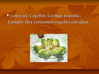 [cojoyos], Cogollos: Lechuga pequeña.
Ejemplo: Hoy comeremos cogollos con ajitos.
 