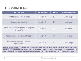 DESARROLLO Cristian Jiménez López ACTIVIDAD MOMENTO TIEMPO AGRUPAMIENTO Plan6teamineto de la tarea Sesión 8 5` Gran grupo Elección de esquina Sesión 8 3` Individual Explicación de por qué se ha elegido la esquina Sesión 8 15` Individual Realización de la ficha del “zoo” Sesión 8 20` Individual Muestra de algunos trabajos escaneados Sesión 9 5` Gran grupo PRODUCTO FINAL:  FICHA DE TAMAÑO FOLIO DE UN ZOOLÓGICO CON CUATRO ANIMALES (MAMÍFERO SALVAJE Y DOMÉSTICO — AVE SALVAJE Y DOMÉSTICO), COLOREADO, DECORADO CON LOS NOMBRE DE LOS ANIMALES Y SU CLASIFICACIÓN. 