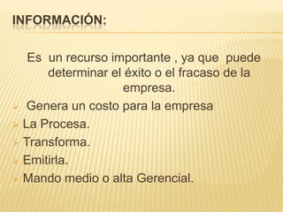 INFORMACIÓN:

   Es un recurso importante , ya que puede
      determinar el éxito o el fracaso de la
                   empresa.
 Genera un costo para la empresa

 La Procesa.

 Transforma.

 Emitirla.

 Mando medio o alta Gerencial.
 