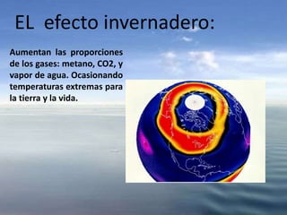 EL efecto invernadero:
Aumentan las proporciones
de los gases: metano, CO2, y
vapor de agua. Ocasionando
temperaturas extremas para
la tierra y la vida.
 