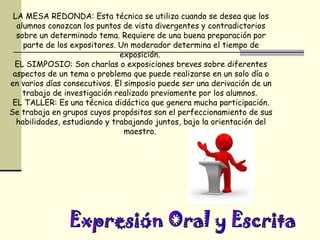 LA MESA REDONDA: Esta técnica se utiliza cuando se desea que los
  alumnos conozcan los puntos de vista divergentes y contradictorios
  sobre un determinado tema. Requiere de una buena preparación por
    parte de los expositores. Un moderador determina el tiempo de
                              exposición.
 EL SIMPOSIO: Son charlas o exposiciones breves sobre diferentes
 aspectos de un tema o problema que puede realizarse en un solo día o
en varios días consecutivos. El simposio puede ser una derivación de un
    trabajo de investigación realizado previamente por los alumnos.
 EL TALLER: Es una técnica didáctica que genera mucha participación.
Se trabaja en grupos cuyos propósitos son el perfeccionamiento de sus
  habilidades, estudiando y trabajando juntos, bajo la orientación del
                                maestro.
 
