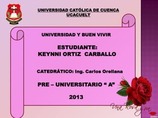 UNIVERSIDAD CATÓLICA DE CUENCA
          UCACUELT




 UNIVERSIDAD Y BUEN VIVIR

     ESTUDIANTE:
KEYNNI ORTIZ CARBALLO


CATEDRÁTICO: Ing. Carlos Orellana


PRE – UNIVERSITARIO “ A”

            2013
 