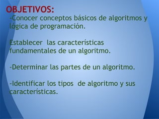 OBJETIVOS:
-Conocer conceptos básicos de algoritmos y
lógica de programación.
 
Establecer las características
fundamentales de un algoritmo.
 
-Determinar las partes de un algoritmo.
 
-Identificar los tipos de algoritmo y sus
características.
 
