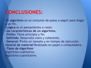 CONCLUSIONES:
-El algoritmo es un conjunto de pasos a seguir para llegar
a un fin.
-Lógica es el pensamiento o razón.
-las características de un algoritmo.
.Finito: Tiene principio y fin.
-Definido: Desarrollo claro y coherente.
-General: Finito en tamaño y en tiempo de ejecución.
Neutral de material:Realizado en papel o computadora.
-Tipos de Algoritmo
Algoritmo cualitativo.
Algoritmo cuantitativo.
 