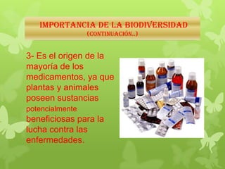 IMPORTANCIA DE LA BIODIVERSIDAD
(Continuación..)
3- Es el origen de la
mayoría de los
medicamentos, ya que
plantas y animales
poseen sustancias
potencialmente
beneficiosas para la
lucha contra las
enfermedades.
 
