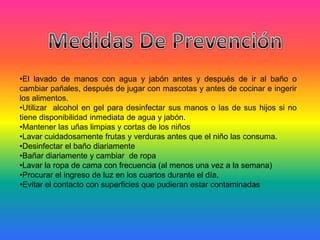 •El lavado de manos con agua y jabón antes y después de ir al baño o
cambiar pañales, después de jugar con mascotas y antes de cocinar e ingerir
los alimentos.
•Utilizar alcohol en gel para desinfectar sus manos o las de sus hijos si no
tiene disponibilidad inmediata de agua y jabón.
•Mantener las uñas limpias y cortas de los niños
•Lavar cuidadosamente frutas y verduras antes que el niño las consuma.
•Desinfectar el baño diariamente
•Bañar diariamente y cambiar de ropa
•Lavar la ropa de cama con frecuencia (al menos una vez a la semana)
•Procurar el ingreso de luz en los cuartos durante el día.
•Evitar el contacto con superficies que pudieran estar contaminadas
 