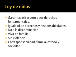 Ley de niñosGarantiza el respeto a sus derechos fundamentales.Igualdad de derechos y responsabilidadesNo a la discriminaciónVivir en familiaSin violenciaCorresponsabilidad: familia, estado y sociedad