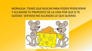 MORALEJA: TIENES QUE BUSCAR PARA PODER PERSEVERAR
Y ALCANZAR TU PROPOSITO DE LA VIDA POR QUE SI TE
QUEDAS SENTADO NO ALCANZAS LO QUE QUIERAS
 