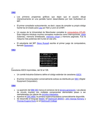 1962

       Los primeros programas gráficos que dejan que el usuario dibuje
       interactivamente en una pantalla fueron desarrollados por Iván Sutherland en
       MIT.

       El primer compilador autocontenido, es decir, capaz de compilar su propio código
       fuente fue el creado para Lisp por Hart y Levin en el MIT.

       Un equipo de la Universidad de Manchester completa la computadora ATLAS.
       Esta máquina introdujo muchos conceptos modernos como interrupciones, pipes
       (tuberías), memoria entrelazada, memoria virtual y memoria paginada. Fue la
       máquina más poderosa del mundo en ese año.

       El estudiante del MIT Steve Russell escribe el primer juego de computadora,
       llamado Spacewar!.

1963




Caracteres ASCII imprimibles, del 32 al 126.

       Un comité Industria-Gobierno define el código estándar de caracteres ASCII.

       El primer minicomputador comercialmente exitoso es distribuido por DEC (Digital
       Equipment Corporation).

1964

       La aparición del IBM 360 marca el comienzo de la tercera generación. Las placas
       de circuito impreso con múltiples componentes elementales pasan a ser
       reemplazadas con placas de circuitos integrados.
       Aparece el CDC 6600, la primera supercomputadora comercialmente disponible.
       Se desarrolla el lenguaje BASIC (el Dartmouth BASIC), John George Kemeny y
       Thomas Eugene Kurtz en el Dartmouth College
 