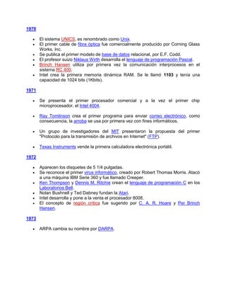 1970

       El sistema UNICS, es renombrado como Unix.
       El primer cable de fibra óptica fue comercialmente producido por Corning Glass
       Works, Inc.
       Se publica el primer modelo de base de datos relacional, por E.F. Codd.
       El profesor suizo Niklaus Wirth desarrolla el lenguaje de programación Pascal.
       Brinch Hansen utiliza por primera vez la comunicación interprocesos en el
       sistema RC 400.
       Intel crea la primera memoria dinámica RAM. Se le llamó 1103 y tenía una
       capacidad de 1024 bits (1Kbits).

1971

       Se presenta el primer procesador comercial y a la vez el primer chip
       microprocesador, el Intel 4004.

       Ray Tomlinson crea el primer programa para enviar correo electrónico, como
       consecuencia, la arroba se usa por primera vez con fines informáticos.

       Un grupo de investigadores del MIT presentaron la propuesta del primer
       "Protocolo para la transmisión de archivos en Internet" (FTP).

       Texas Instruments vende la primera calculadora electrónica portátil.

1972

       Aparecen los disquetes de 5 1/4 pulgadas.
       Se reconoce el primer virus informático, creado por Robert Thomas Morris. Atacó
       a una máquina IBM Serie 360 y fue llamado Creeper.
       Ken Thompson y Dennis M. Ritchie crean el lenguaje de programación C en los
       Laboratorios Bell.
       Nolan Bushnell y Ted Dabney fundan la Atari.
       Intel desarrolla y pone a la venta el procesador 8008.
       El concepto de región crítica fue sugerido por C. A. R. Hoare y Per Brinch
       Hansen.

1973

       ARPA cambia su nombre por DARPA.
 