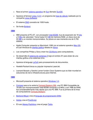 Nace el primer sistema operativo de Sun llamado SunOS.

       Aparece el famoso Lotus 1-2-3, un programa de hoja de cálculo realizado por la
       compañía Lotus Software.

       El sistema DNS consistía de 1000 hosts.

       Se funda Borland.

1984

       IBM presenta el PC-AT, con procesador Intel 80286, bus de expansión de 16 bits
       y 6 Mhz de velocidad. Tenía hasta 512 KB de memoria RAM, un disco duro de
       20 MB y un monitor monocromático. Su precio en ese momento era de 5.795
       dólares.

       Apple Computer presenta su Macintosh 128K con el sistema operativo Mac OS,
       el cual introduce la interfaz gráfica ideada en Xerox.

       Las compañías Philips y Sony crean los CD-Roms para computadores.

       Se desarrolla el sistema de ventanas X bajo el nombre X1 para dotar de una
       interfaz gráfica a los sistemas Unix.

       Aparece el lenguaje LaTeX para procesamiento de documentos.

       Hewlett-Packard lanza su popular impresora LaserJet.

       Leonard Bosack y Sandra Lerner fundan Cisco Systems que es líder mundial en
       soluciones de red e infraestructuras para Internet.

1985

       Microsoft presenta el sistema operativo Windows 1.0.

       Compaq saca a la venta la Compaq Deskpro 286, una PC IBM Compatible de
       16-bits con microprocesador Intel 80286 corriendo a 6 MHz y con 7MB de RAM,
       fue considerablemente más rápida que una PC IBM. Fue la primera de la línea
       de computadoras Compaq Deskpro.

       Bertrand Meyer crea el lenguaje de programación Eiffel.

       Adobe crea el PostScript.

       El ruso Alexey Pazhitnov crea el juego Tetris.
 