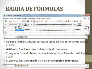 BARRA DE FÓRMULAS
• Llamada también Línea de entrada dispone de tres botones y un área de
edición.
• Asistente: Funciones invoca al asistente de funciones.
• El segundo, llamado Suma, permite introducir una fórmula con la función
SUMA
• El tercero, llamado Función activa el modo edición de fórmulas.
 