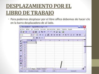 DESPLAZAMIENTO POR EL
LIBRO DE TRABAJO
• Para podernos desplazar por el libre office debemos de hacer clic
en la barra desplazadora de al lado.
 