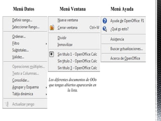 Menú Datos Menú Ventana Menú Ayuda
Los diferentes documentos de OOo
que tengas abiertos aparecerán en
la lista.
 