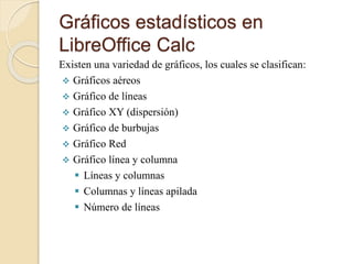Gráficos estadísticos en
LibreOffice Calc
Existen una variedad de gráficos, los cuales se clasifican:
 Gráficos aéreos
 Gráfico de líneas
 Gráfico XY (dispersión)
 Gráfico de burbujas
 Gráfico Red
 Gráfico línea y columna
 Líneas y columnas
 Columnas y líneas apilada
 Número de líneas
 