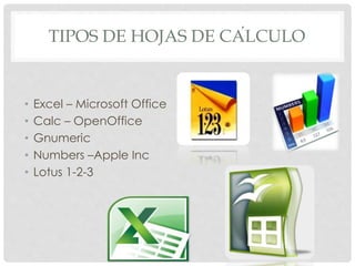 TIPOS DE HOJAS DE CÁLCULO
• Excel – Microsoft Office
• Calc – OpenOffice
• Gnumeric
• Numbers –Apple Inc
• Lotus 1-2-3
 